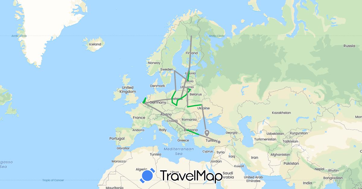 TravelMap itinerary: driving, bus, plane, boat in Belgium, Bulgaria, Estonia, Finland, Lithuania, Latvia, Netherlands, Poland, Sweden, Turkey, Ukraine (Asia, Europe)