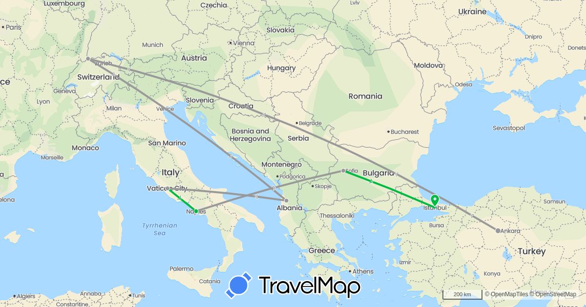 TravelMap itinerary: driving, bus, plane in Albania, Bulgaria, Switzerland, Italy, Turkey (Asia, Europe)