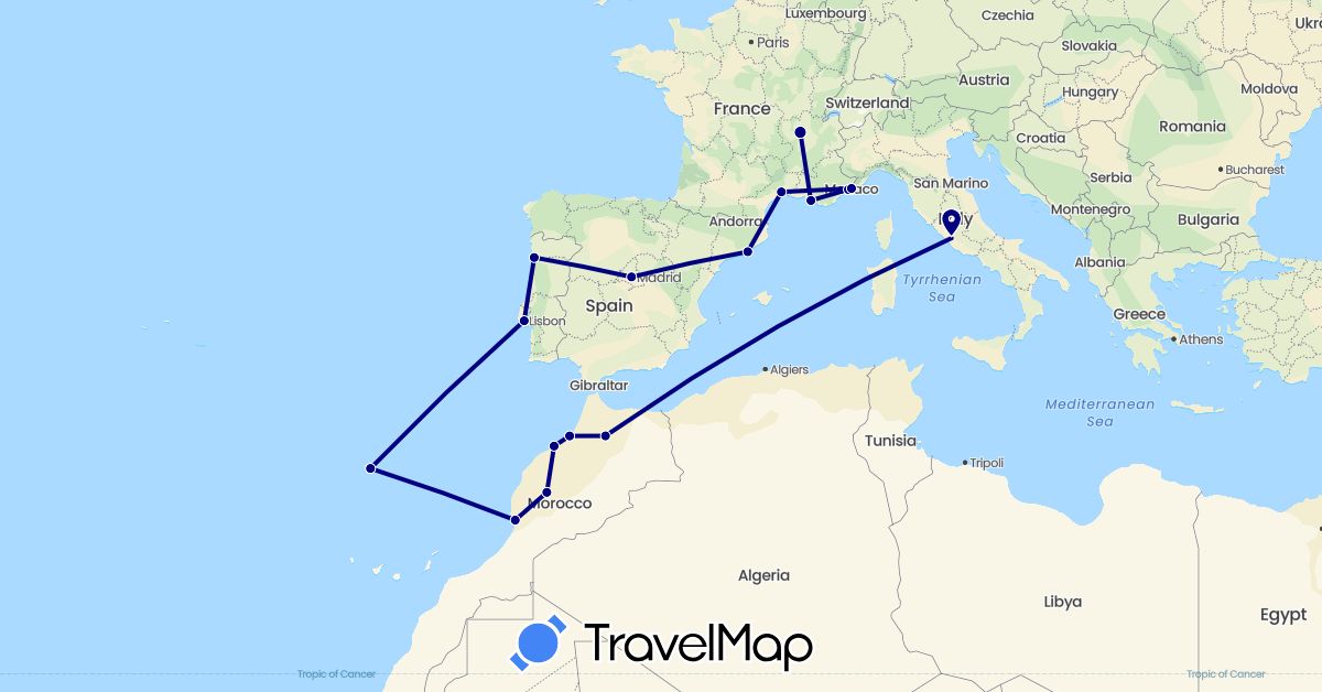TravelMap itinerary: driving in Spain, France, Italy, Morocco, Monaco, Portugal (Africa, Europe)